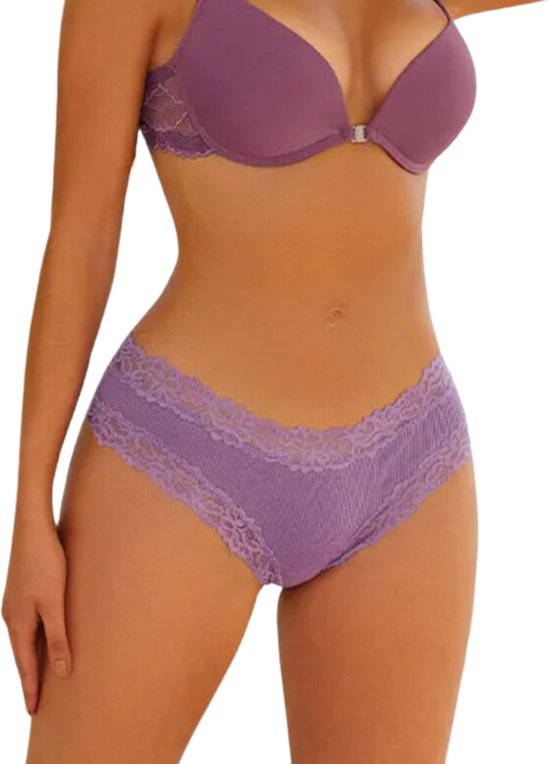 Sexy Dames Slip met Kant - Paars - Onderbroek 95% Katoen - Dames Lingerie / Ondergoed - Brazilian String - Maat M