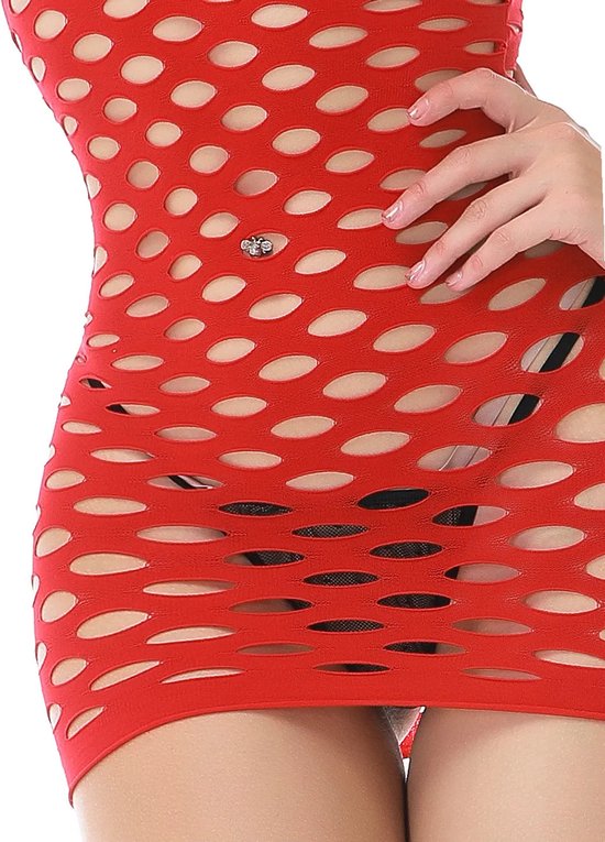 Sexy Jurkje Rood - Fishnet Elastisch - Erotische Jurk met Gaten - Uitdagend Ondergoed -  Sexy Panty - Doorzichtig - Bodysuit - One Size