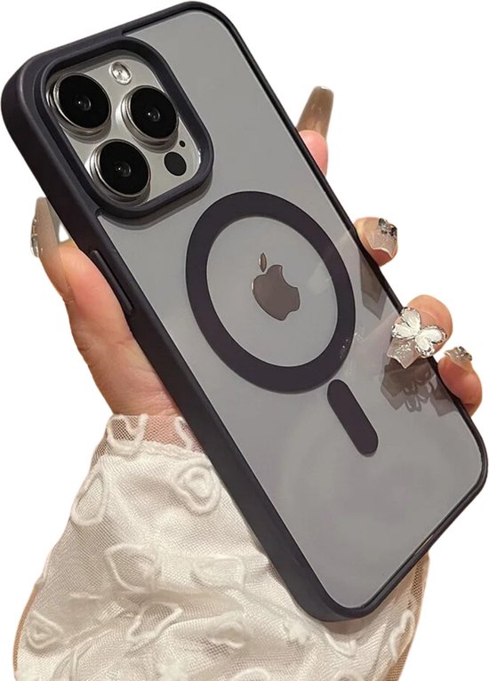 Transparant Magneet Ring Hoesje - Geschikt voor Apple iPhone 15 Pro Max - Zwarte Randen - Stevig Doorzichtig Shockproof - Magnetisch - TPU Rand - Anti Yellowing Achterkant (Magneetring Compatible)