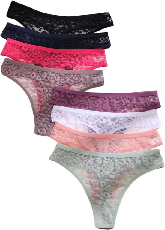 8 Pack - Sexy Dames String - Groen, Paars, Wit, Donker Roze, Taupe, Licht Roze, Donker Blauw en Licht Blauw - Onderbroek met Panter Print Design - Dames Lingerie / Ondergoed Set - Maat L