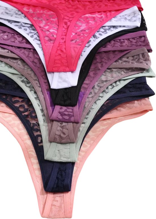 8 Pack - Sexy Dames String - Groen, Paars, Wit, Donker Roze, Taupe, Licht Roze, Donker Blauw en Licht Blauw - Onderbroek met Panter Print Design - Dames Lingerie / Ondergoed Set - Maat M