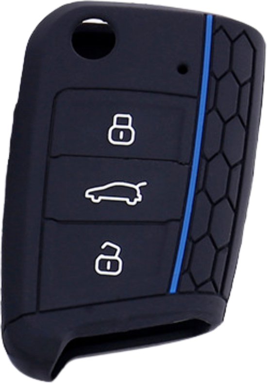 Siliconen Sleutelcover Sport - Zwart Sleutelhoesje - Geschikt voor Volkswagen Polo / Golf / 2014 - 2021 / Seat Leon / Seat Ibiza / Golf GTI / Golf R / Golf 7 / Skoda - Blauwe Accenten - Sleutel Hoesje Keycover - Auto Accessoires