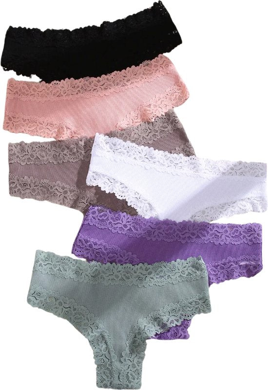 Sexy Dames Slip met Kant - Roze - Onderbroek 95% Katoen - Dames Lingerie / Ondergoed - Brazilian String - Maat S