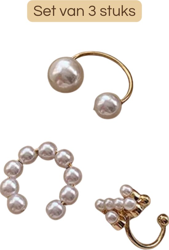 Fake Helix Goud - Set van 3 - Parels & Kruis - Nep Piercing - Goudkleurig - Klem Oorbel Oorpiercing - Nep Helix - 3x Goud Ringetje - Metaal