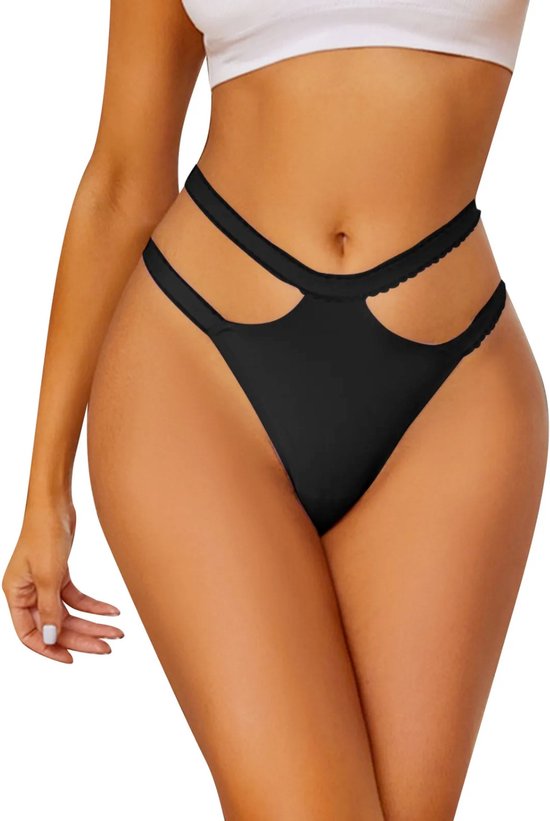 2 Pack - Sexy Dames String - Lila & Zwart - Naadloos - Dubbele Heupbandjes met Kant - Dames Lingerie / Ondergoed Set - Maat L
