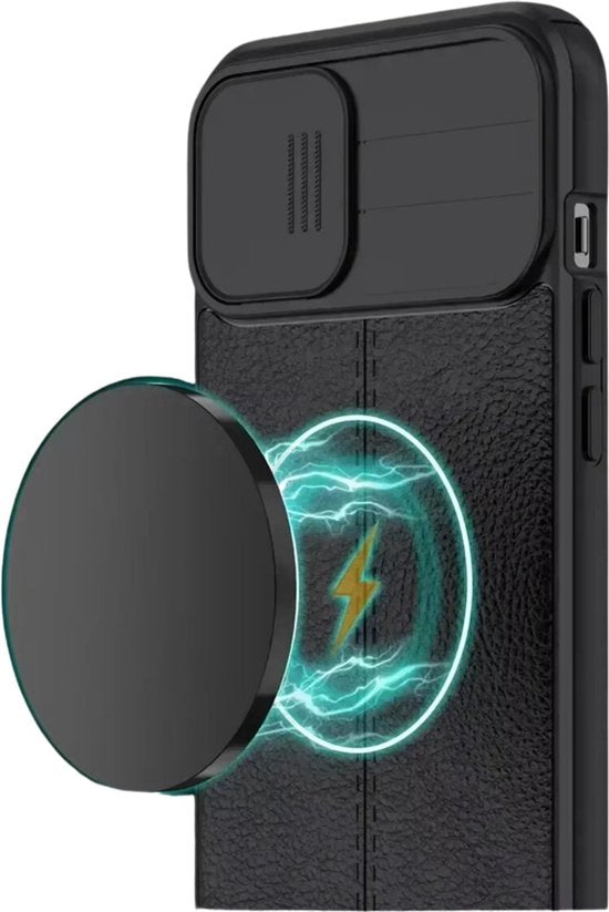 Valbestendig Telefoonhoesje - Geschikt voor Apple iPhone 14 Pro Max - Ultra Shockproof - Met Camera Slide Protector - Leer Look - Zwart - Met Extra Dikke Randen