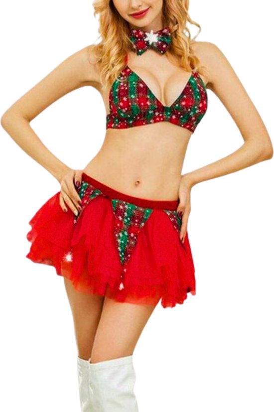 Kerst Setje Dames - Sexy Kerst Elfje - 4 Delig met Topje, Rok, Muts en Strikje - Rood Groen - Kerst Lingerie - Erotische Kerst Outfit - Kerstvrouw - Kant - Maat S