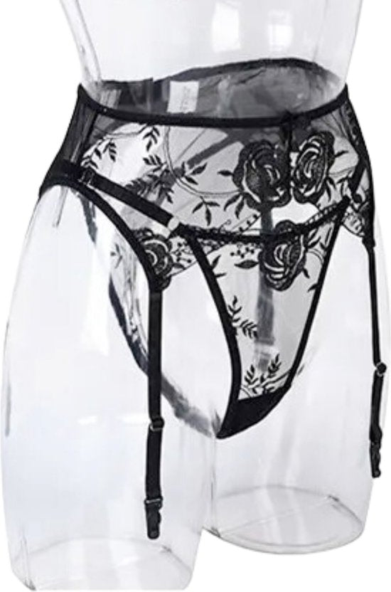 Set van String en Jarretelgordel - Zwart - met Kant en Rozen - Verstelbare Bandjes - Sexy Dames Lingerie - Ondergoed - Maat 3XL