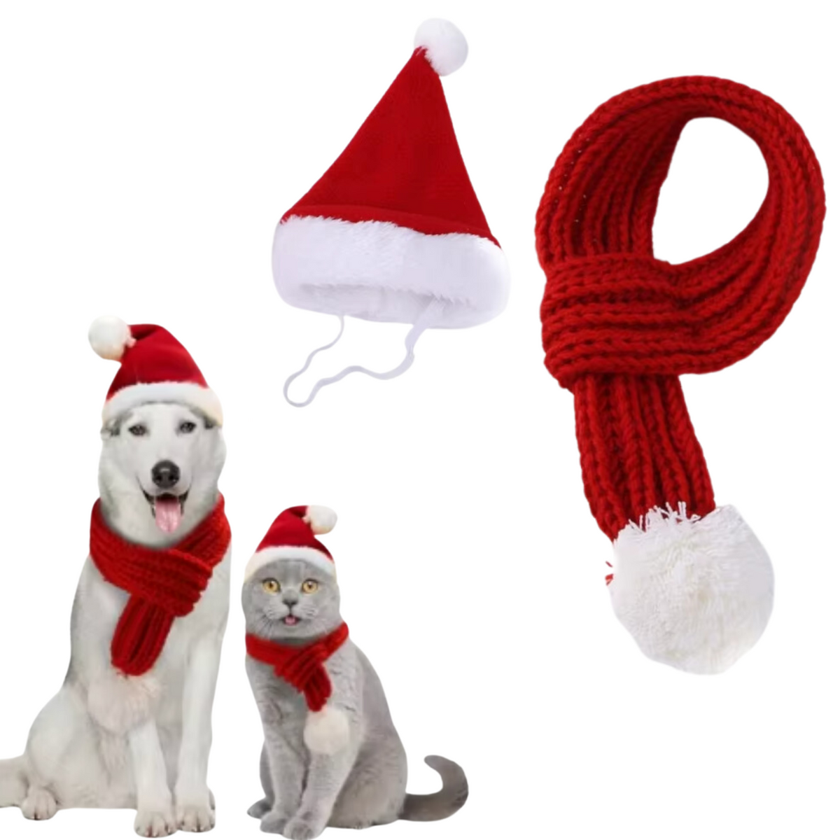 Kerstmuts en Sjaal voor Honden - Kerst Setje - Kerst Mutsje met Gebreid Sjaaltje - Kerst Accessoire voor Honden en Grote Katten - Hondenkleding - Wintersetje - Maat S