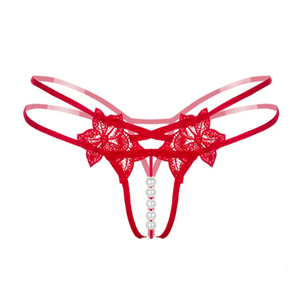 Sexy String met Parels - Kralen - Rood - Erotisch Design met Bloemen - One Size String - Dames Onderbroek Open Kruis - Lingerie / Ondergoed
