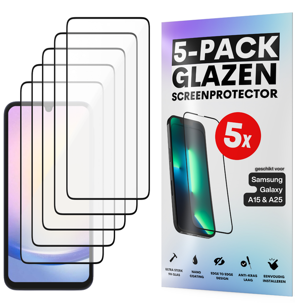 Screenprotector - Geschikt voor Samsung Galaxy A15 / A25 - Gehard Glas - Full Cover Tempered Glass - Case Friendly - 5 Pack