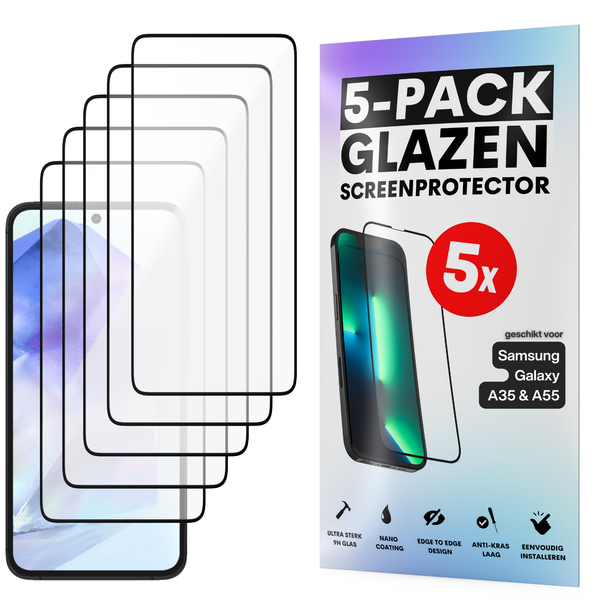 Screenprotector - Geschikt voor Samsung Galaxy A35 / A55 - Gehard Glas - Full Cover Tempered Glass - Case Friendly - 5 Pack