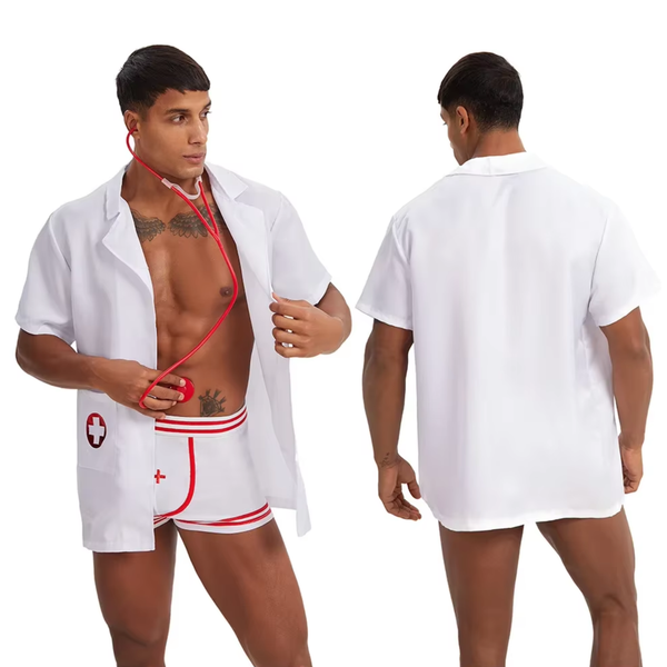 3-Delig Sexy Heren Kostuum - Dokter / Verpleger / Arts - Boxer, Doktersjas En Stethoscoop - Rood & Wit - Mannen - Heren Lingerie - Vrijgezellenfeest - One Size