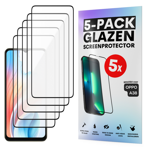 Screenprotector - Geschikt voor OPPO A38 - Gehard Glas - Full Cover Tempered Glass - Case Friendly - 5 Pack