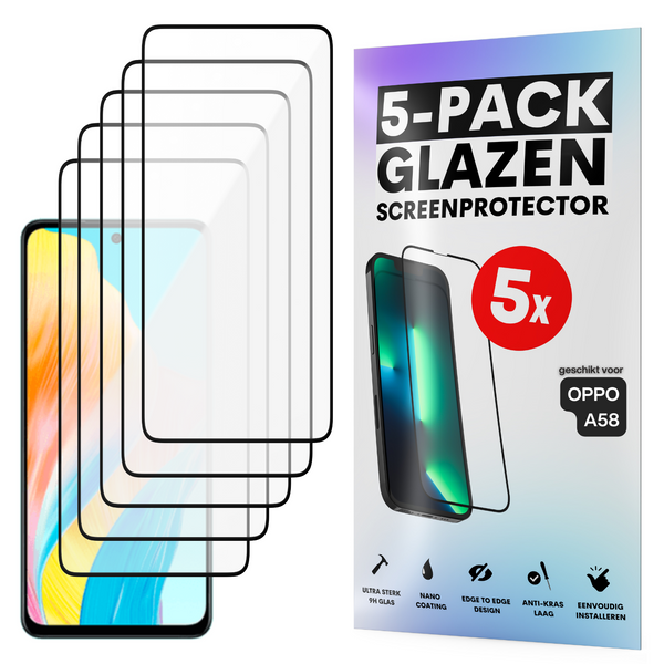 Screenprotector - Geschikt voor OPPO A58 - Gehard Glas - Full Cover Tempered Glass - Case Friendly - 5 Pack