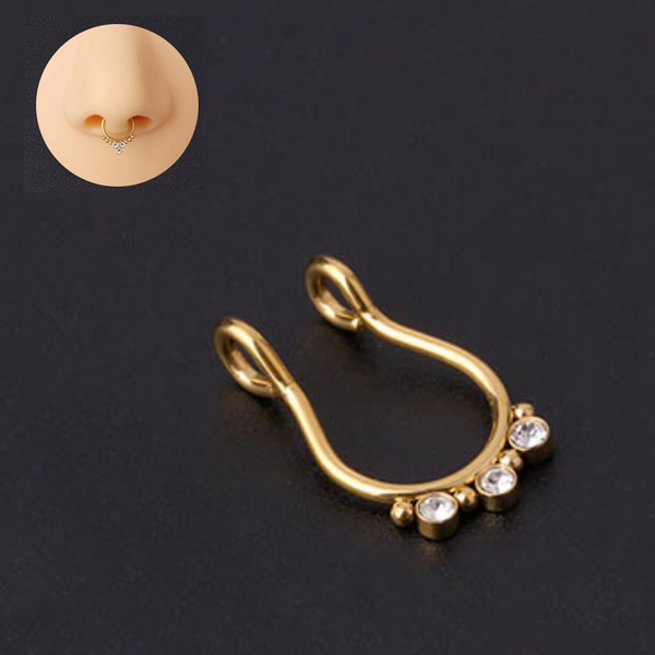 Fake Neuspiercing Goud - Goudkleurig met Diamantjes op Rij - Nep Neuspiercing Septum - Neusring - Nep Piercing Ringetje - RVS Roestvrij Staal - 8 mm