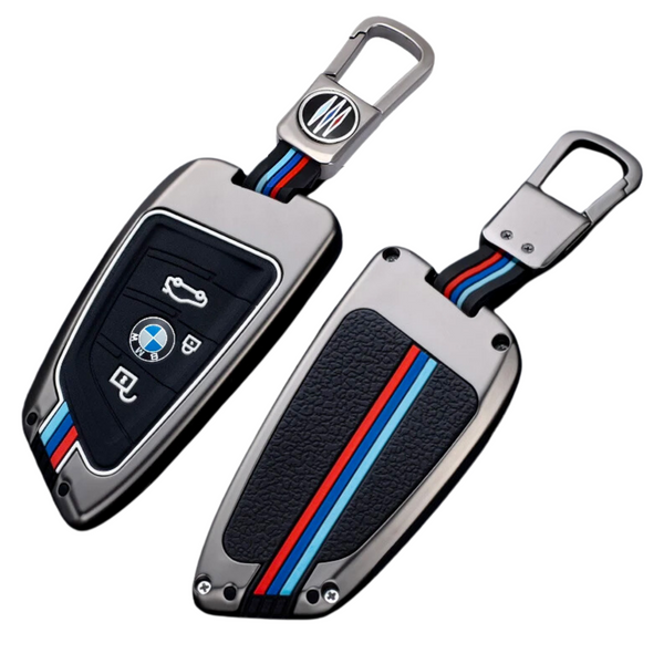 Premium Sleutelcover - Sleutelhoesje Geschikt voor BMW 1 serie / 3 serie / 5 Serie / 7 Serie / X1 / X3 / X4 / X5 / F16 / G20 / G30 / F11 / M - Metaal en Siliconen - Gunmetal Sleutel Hoesje - Met Haak - Auto Accessoires