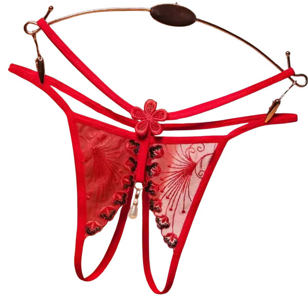 String Met Open Kruis en Parel - Rood - Kant Met Dubbele Bandjes - Kanten Design Design met Bloemen - One Size String - Dames Onderbroek - Lingerie / Ondergoed