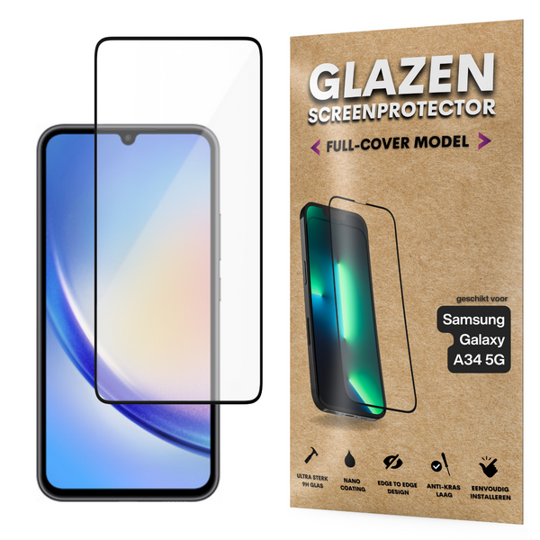 Screenprotector - Geschikt voor Samsung Galaxy A34 5G - Gehard Glas - Full Cover Tempered Glass - Case Friendly