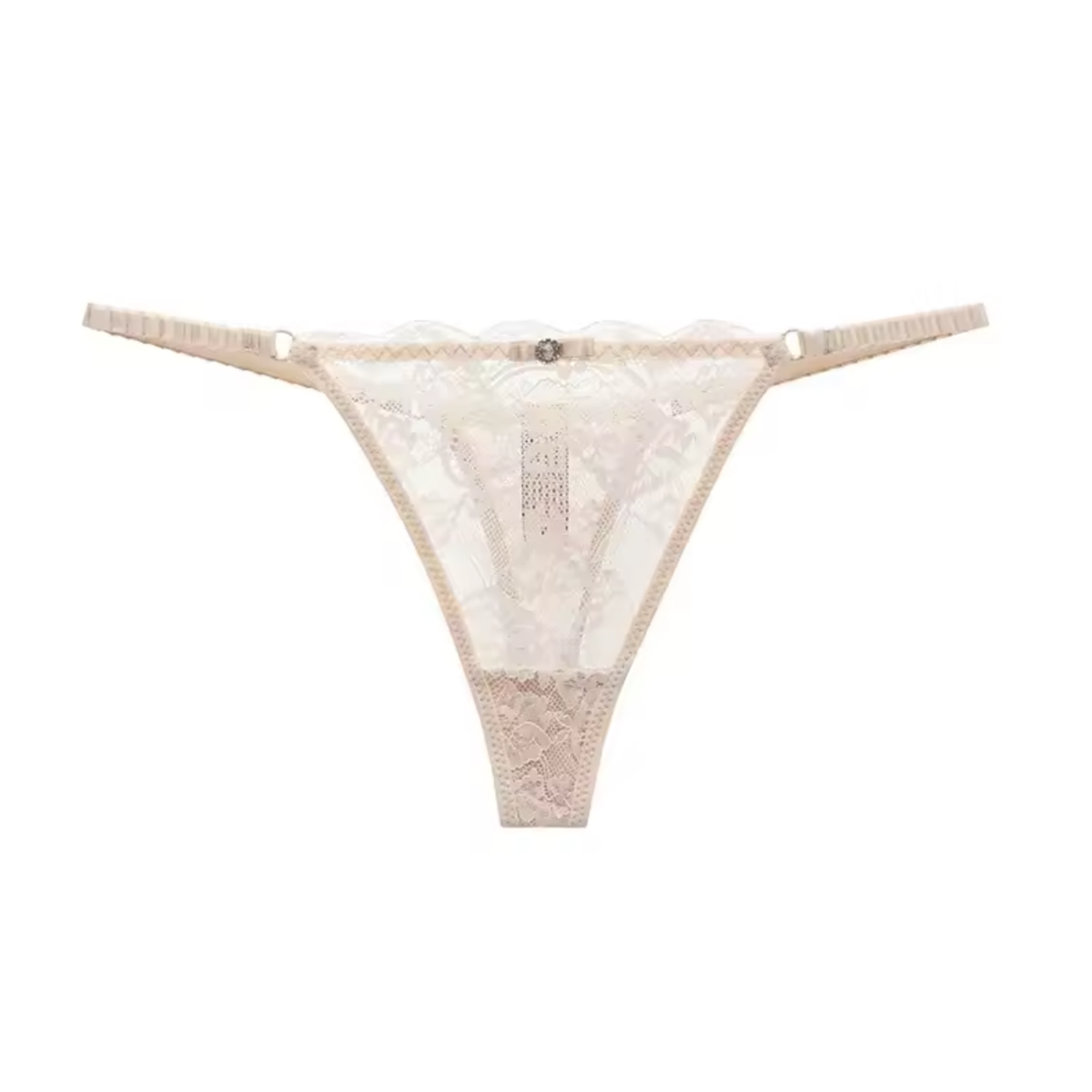 Sexy Kanten String – Beige - Lingerie met Kant, Strikje en Steentje – Verleidelijk en Comfortabel Dames Ondergoed - Slip / Onderbroek Voor Vrouwen - One Size