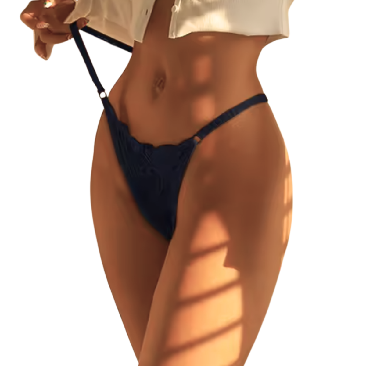 Sexy Kanten String – Donker Blauw - Lingerie met Kant, Strikje en Steentje – Verleidelijk en Comfortabel Dames Ondergoed - Slip / Onderbroek Voor Vrouwen - One Size
