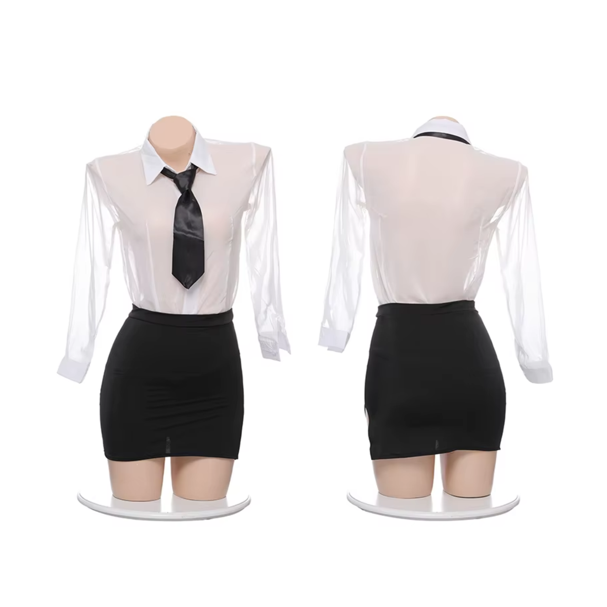 Sexy Secretaresse Kostuum - 4-delig Zwart-Wit Verkleedpakje - Blouse, Stropdas, Rok en String - Secretaresse / CEO / Baas / Docent / Lerares - Rollenspel / Cosplay - Lingerie Ondergoed voor Dames - Maat S/M