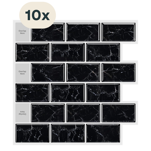 Solusia Zelfklevende Plaktegels - Zwart Marmer – 10 Luxe Plaktegels voor Wand – Waterdichte Wandpanelen voor Keuken, Badkamer en Toilet – 30 x 21 cm – Makkelijk aan te brengen - Tegeltjes Tegelstickers Mozaïek