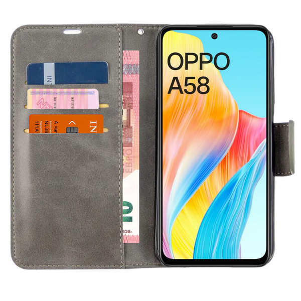 [EOL] Hoesje Grijs - Geschikt voor OPPO A58 - Portemonnee Book Case - Boekje Met Kaarthouder / Pasjeshouder en Magneetsluiting - Booklet Beschermhoes