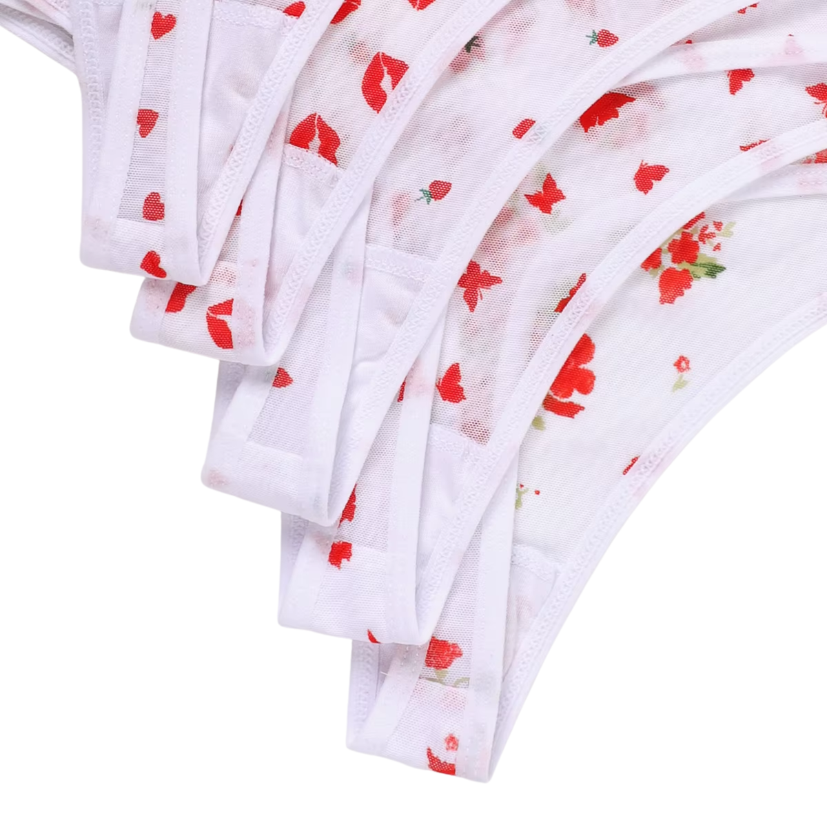 5 Pack - Transparante Strings Van Mesh – Rode Patroontjes - Sexy Doorschijnend Dames Ondergoed - Wit & Rood - Comfortabel en Sexy - Onderbroeken / Slips Voor Vrouwen - Maat L