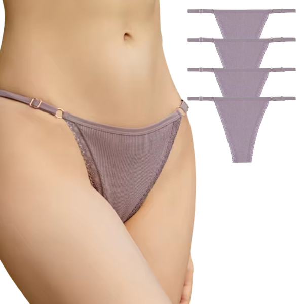 4 Pack - Sexy Taupe Dames String - Katoen Ondergoed - Kant & Smalle Bandjes - Dames Lingerie / Onderbroek / Slip Set Taupe - Maat M