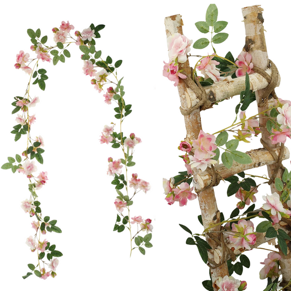 Bloemenslinger Fiets en Interieur -  Kersenbloesem met Mini Rozen - Roze met Wit - Sakura - Stijlvolle Bloemenstreng voor Fietsmand of Stuur - 180 CM Bloemen - Plastic Kunstbloemen Fiets Slinger Sakura