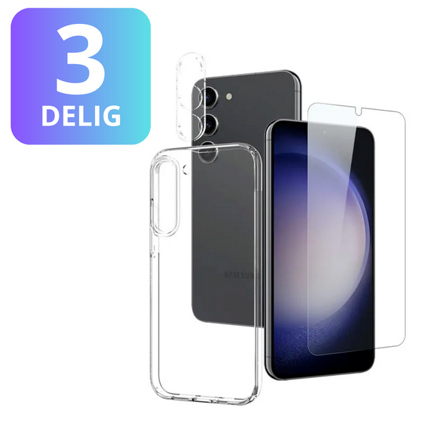 3 in 1 Set Geschikt voor Samsung Galaxy S23 + / S23 Plus - Transparant Hoesje + Screenprotector + Cameraprotector - Doorzichtige Shockproof TPU Case - Tempered Glass Screen Protector - Glazen Camerabeschermer - Set van 3