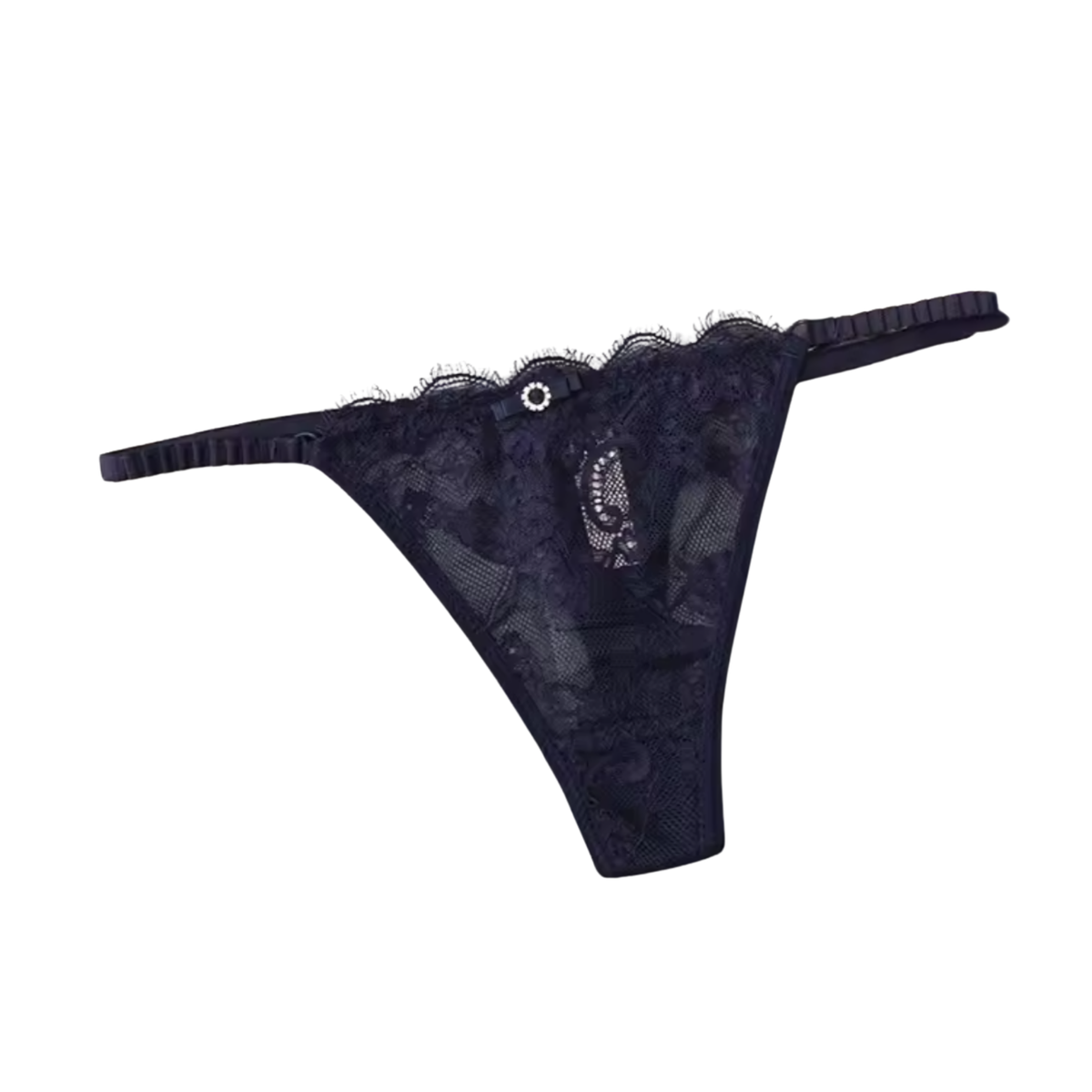 Sexy Kanten String – Donker Blauw - Lingerie met Kant, Strikje en Steentje – Verleidelijk en Comfortabel Dames Ondergoed - Slip / Onderbroek Voor Vrouwen - One Size