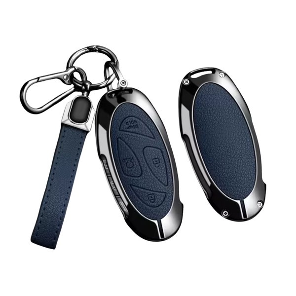 Kunstleren en Metalen Sleutelcover - Sleutelhoesje Geschikt voor Hyundai IONIQ 6 / Grand Prix / GN7 / Kona 5- Blauw - Key Cover met metalen en kunstleren Hanger - Auto Accessoires