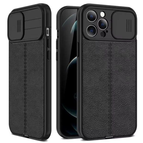 Valbestendig Telefoonhoesje - Geschikt voor Apple iPhone 14 Pro Max - Ultra Shockproof - Met Camera Slide Protector - Leer Look - Zwart - Met Extra Dikke Randen