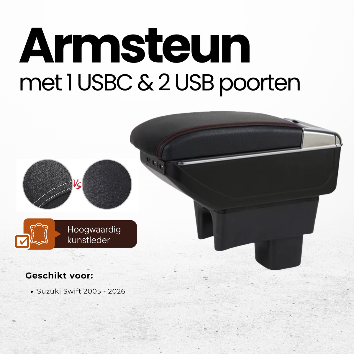 Multifunctionele Armsteun - Geschikt voor Suzuki Swift 2005 - 2026 - 1 USBC & 2 USB Aansluitingen - Opbergvakken - Armleuning - Middenconsole - Bekerhouder