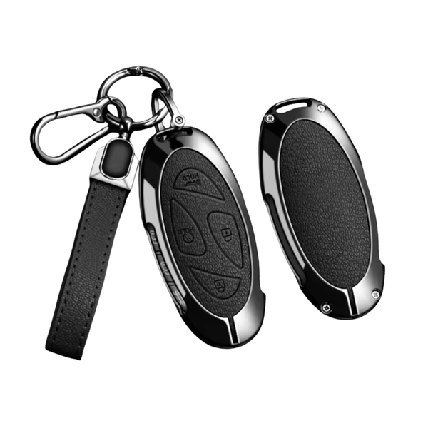 Kunstleren en Metalen Sleutelcover - Sleutelhoesje Geschikt voor Hyundai IONIQ 6 / Grand Prix / GN7 / Kona 5- Zwart - Key Cover met metalen en kunstleren Hanger - Auto Accessoires