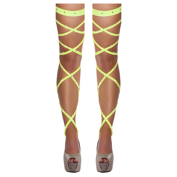 Sexy Wrap Kousen – Verleidelijke Stay-Up Stockings met Veters – One Size – Geel met Steentjes – Luxe Erotische Lingerie - Veters Benen Hakken