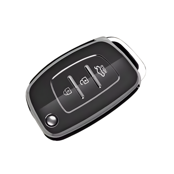 Zachte TPU Sleutelcover - Sleutelhoesje Geschikt voor Hyundai IX25 / IX35 / IX45 / I10 / I20 / I30 / HB20 / Elantra / Solaris / Sonata / Santa Fe / Sport Tucson - Zwart met Zilver - Key Cover - Auto Accessoires