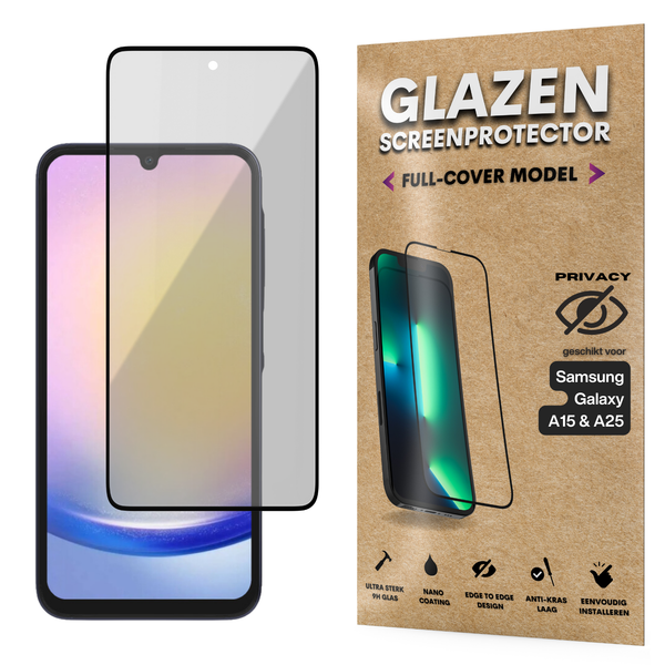 Privacy Screenprotector - Geschikt voor Samsung Galaxy A15 / A25 - Gehard Glas - Full Cover Tempered Privacy Glass - Case Friendly