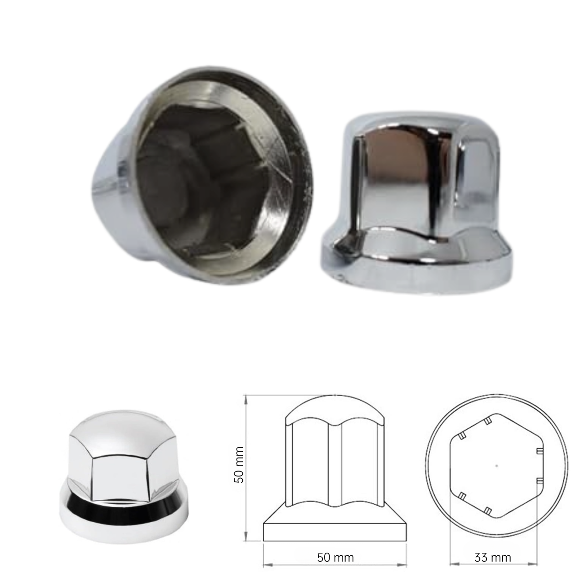 Vrachtwagen Wielmoerdoppen Chroom - 100 Stuks - 50 mm x 33 mm - Kunststof - Wiel Moer Cover Caps - Bescherming Voor Wielmoeren - Wieldoppen - Geschikt Voor Vrachtwagen / Trucks / Aanhanger / Bus / Trailer - Voertuig accessoires