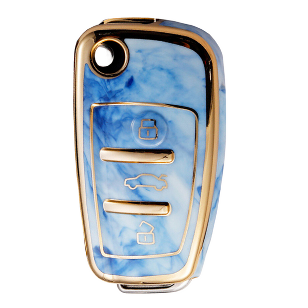 Zachte TPU Sleutelcover - Sleutelhoesje Geschikt voor Audi A1 / A3 / A5 / A6 / Q3 / Q5 / S3 / S5 / RS - Marmer Blauw Goud - Sleutel Hoesje Cover - Auto Accessoires