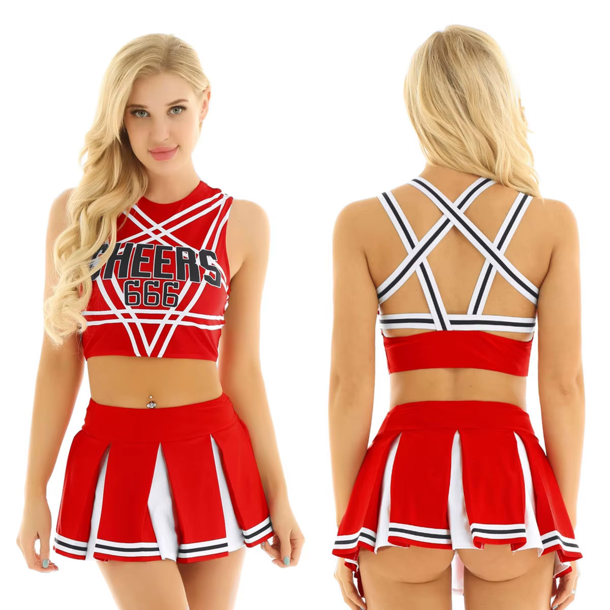 Sexy Cheerleader Kostuum - 2-delig Rood Verkleedpakje - Rokje & Korte Top Met Open Rug - Rollenspel / Cosplay - Lingerie Ondergoed voor Dames - Maat S