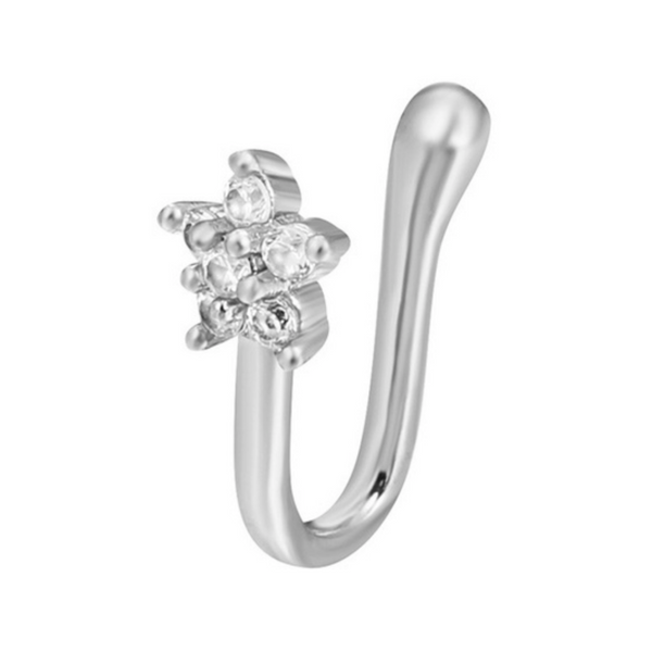 Fake Neuspiercing Zilver - Bloem met Diamantjes - Nep Neuspiercing Sieraad - Neusring - Nep Piercing Neus Ringetje - Metaal