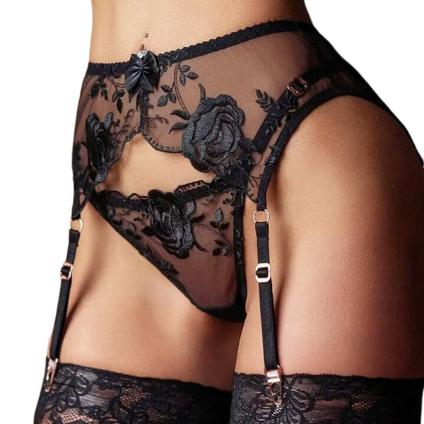 Set van String en Jarretelgordel - Zwart - met Kant en Rozen - Verstelbare Bandjes - Sexy Dames Lingerie - Ondergoed - Maat XL
