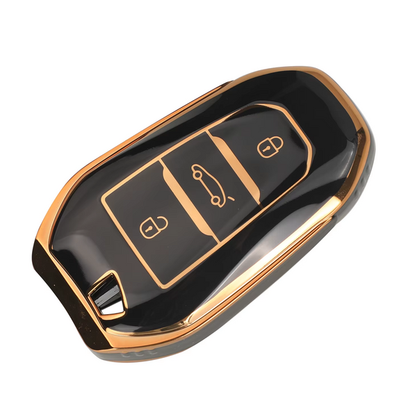 Zachte TPU Sleutelcover - Sleutelhoesje Geschikt voor Peugeot 208 / 308 / 408 / 508 / 2008 / 3008 / 4008 / 5008 / Citroën C3 / C4 / C6 / C8 / Cactus - Zwart met Goud - Key Cover - Auto Accessoires