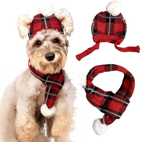 Winter Setje Hond - Kerst - 2 Delig - Sjaal en Muts - Ruiten Rood - Geschikt voor Honden - Winter Pakje - Hondenkleding - Maat M