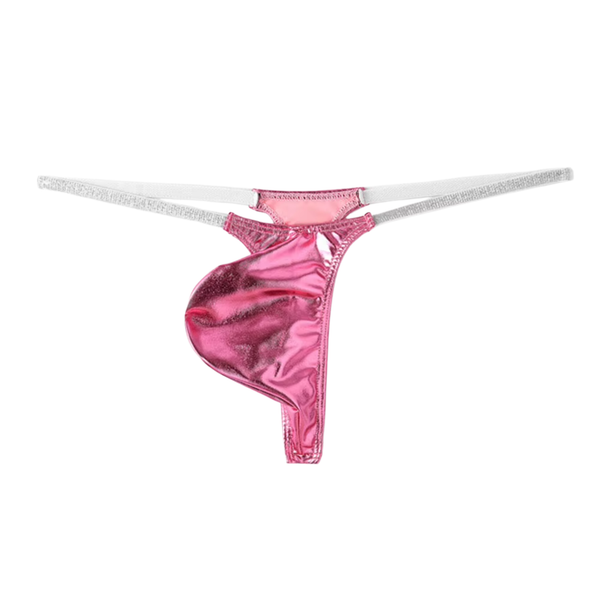 Heren Glanzende G-String – Lichtroze - Sexy Roze Pouch Ondergoed - Mini String - Smalle Zilveren Bandjes - Lage Taille & Hoge Elasticiteit – Ondergoed / Onderbroek / Slip - Mannen Lingerie - One Size