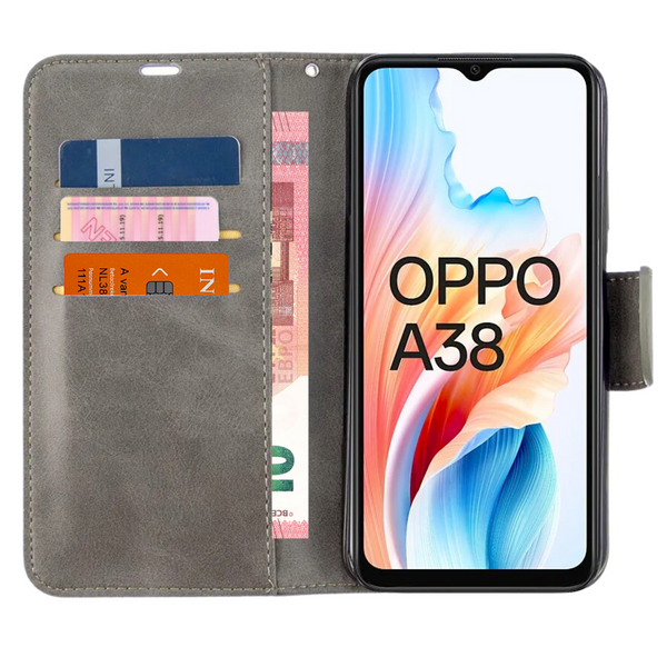 [EOL] Hoesje Grijs - Geschikt voor OPPO A38 - Portemonnee Book Case - Boekje Met Kaarthouder / Pasjeshouder en Magneetsluiting - Booklet Beschermhoes