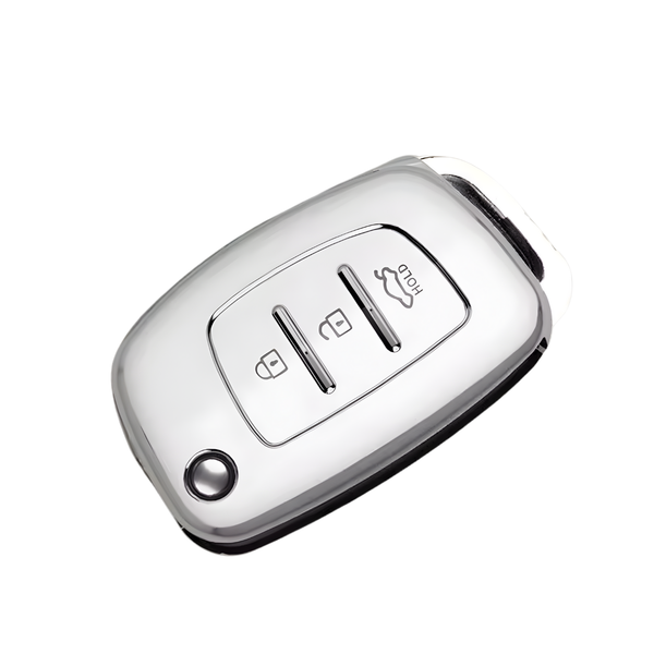 Zachte TPU Sleutelcover - Sleutelhoesje Geschikt voor Hyundai IX25 / IX35 / IX45 / I10 / I20 / I30 / HB20 / Elantra / Solaris / Sonata / Santa Fe / Sport Tucson - Wit met Zilver - Key Cover - Auto Accessoires